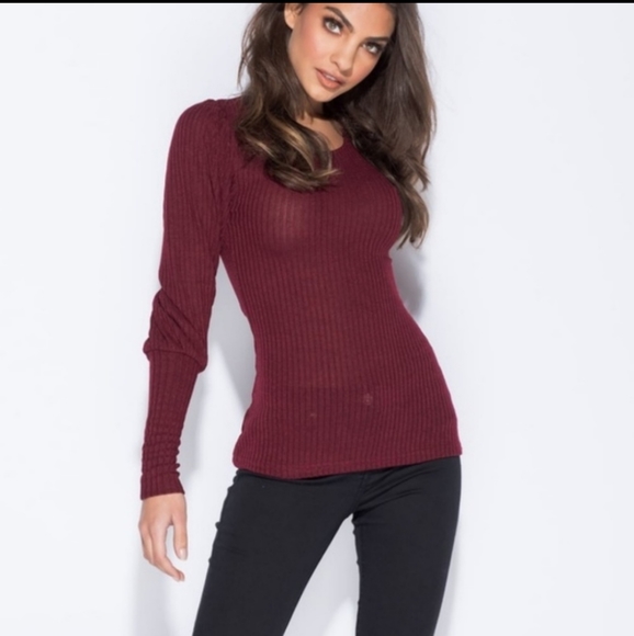 CLEARANCE Wine Puff Sleeve Sweater - Picture 2 of 6